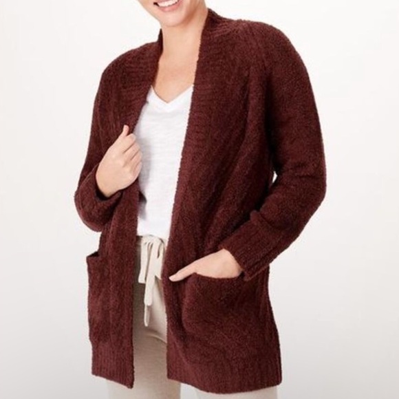 Barefoot Dreams | CozyChic Directional Ribbed Cardigan Deep Aubergine XS Wine - Picture 1 of 8